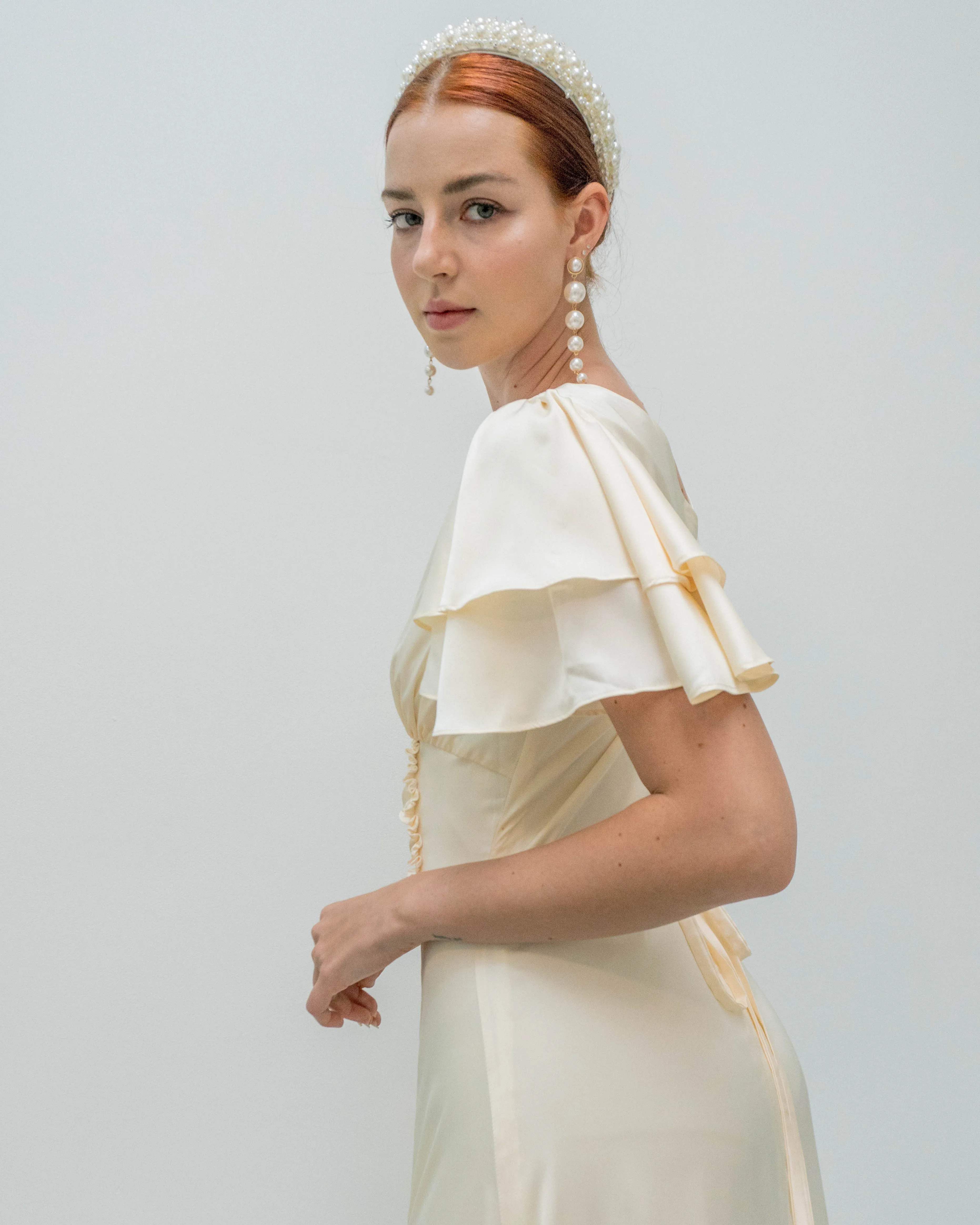 Caitlyn Flutter Sleeves Floor Length Slit Dress