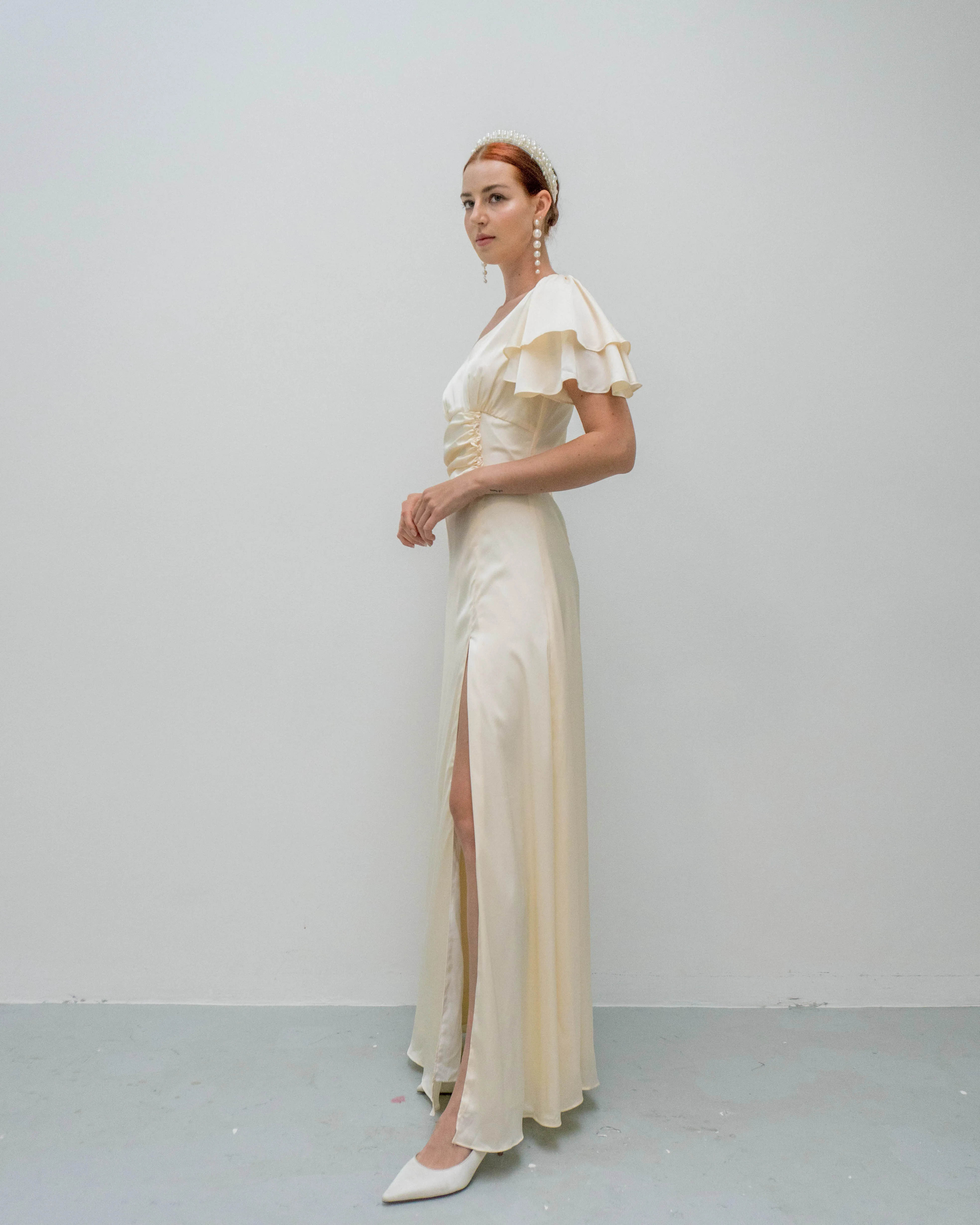 Caitlyn Flutter Sleeves Floor Length Slit Dress