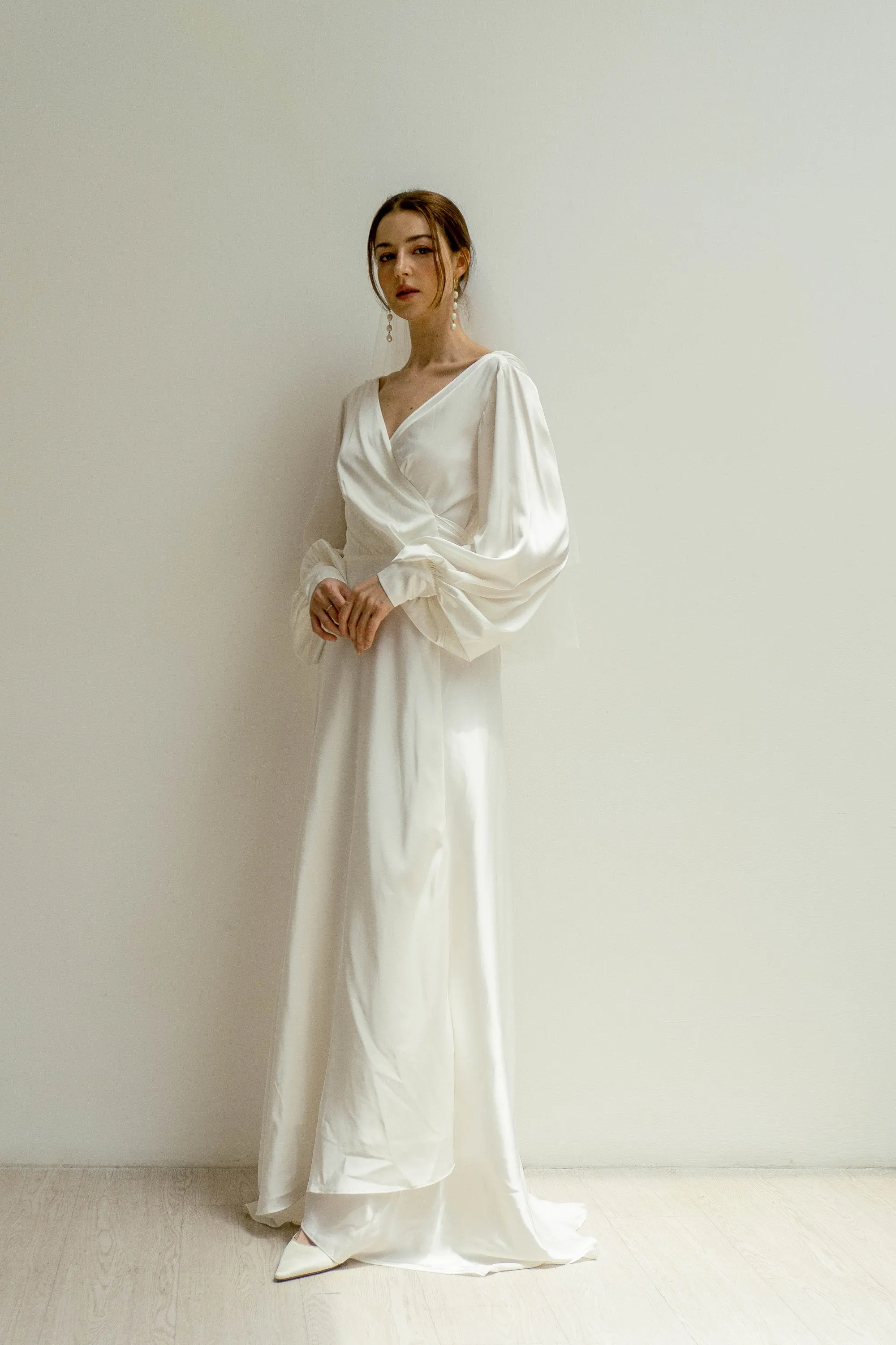 Cameron Balloon Sleeves Wrap Dress With Train