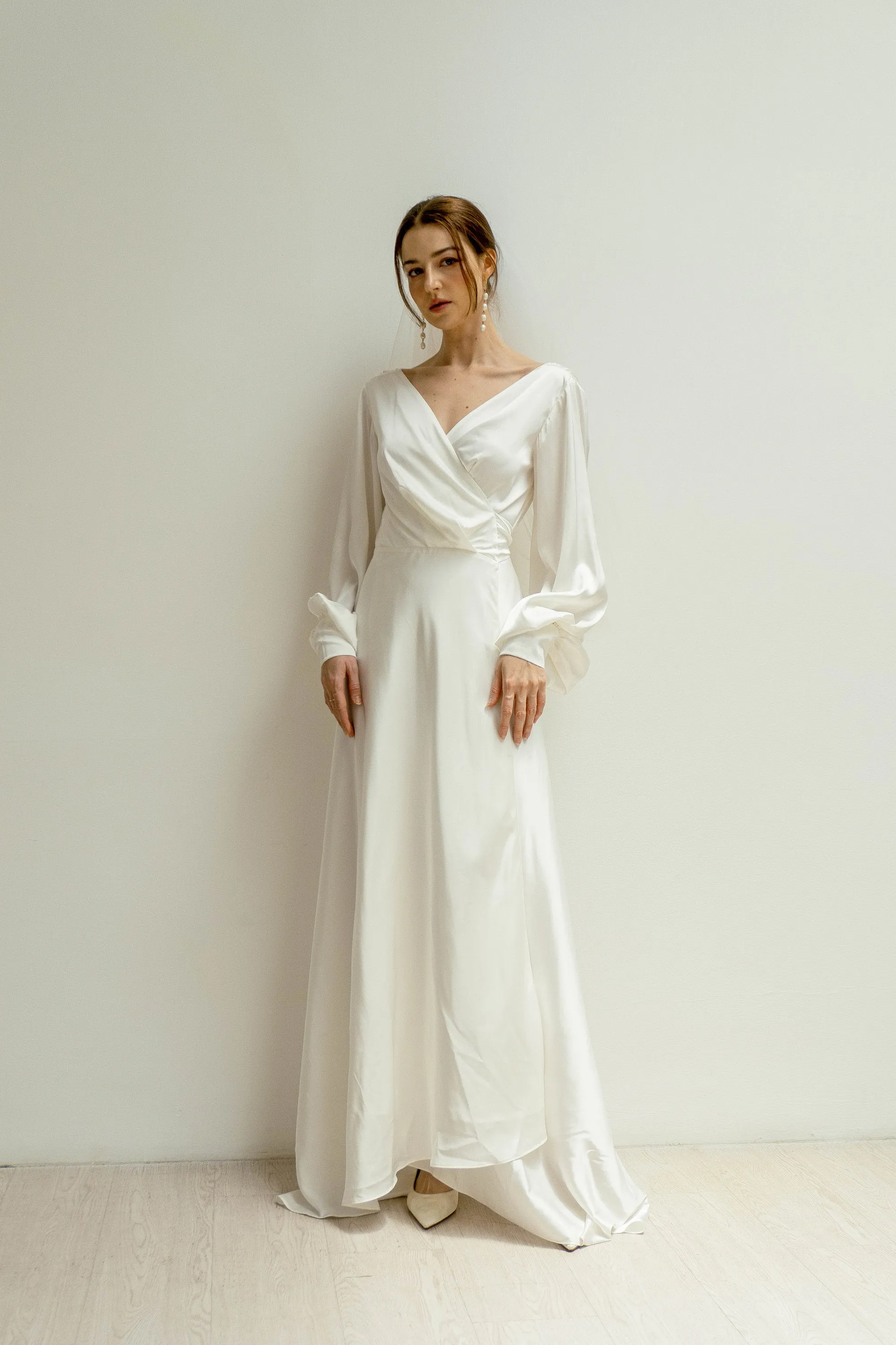 Cameron Balloon Sleeves Wrap Dress With Train