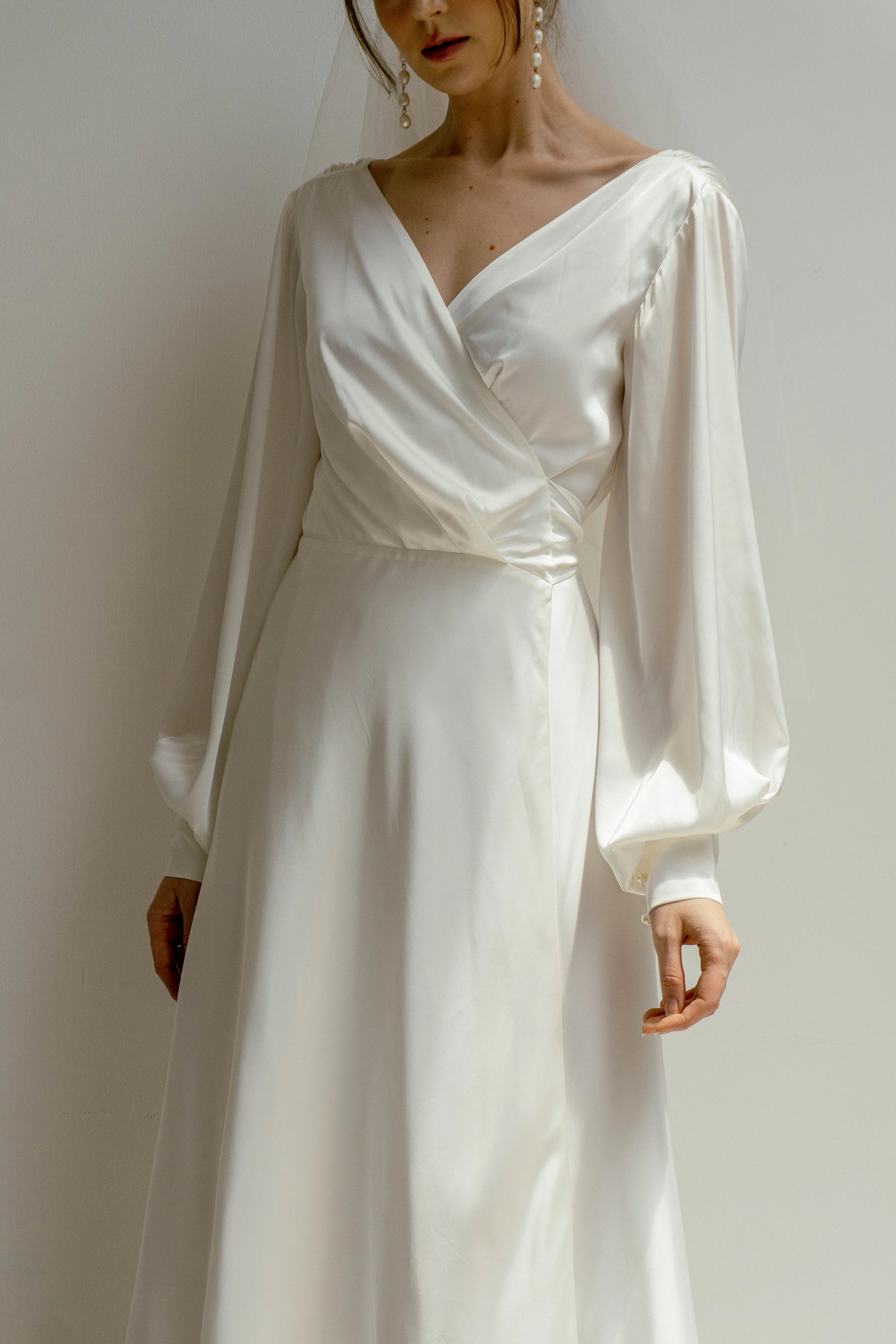 Cameron Balloon Sleeves Wrap Dress With Train