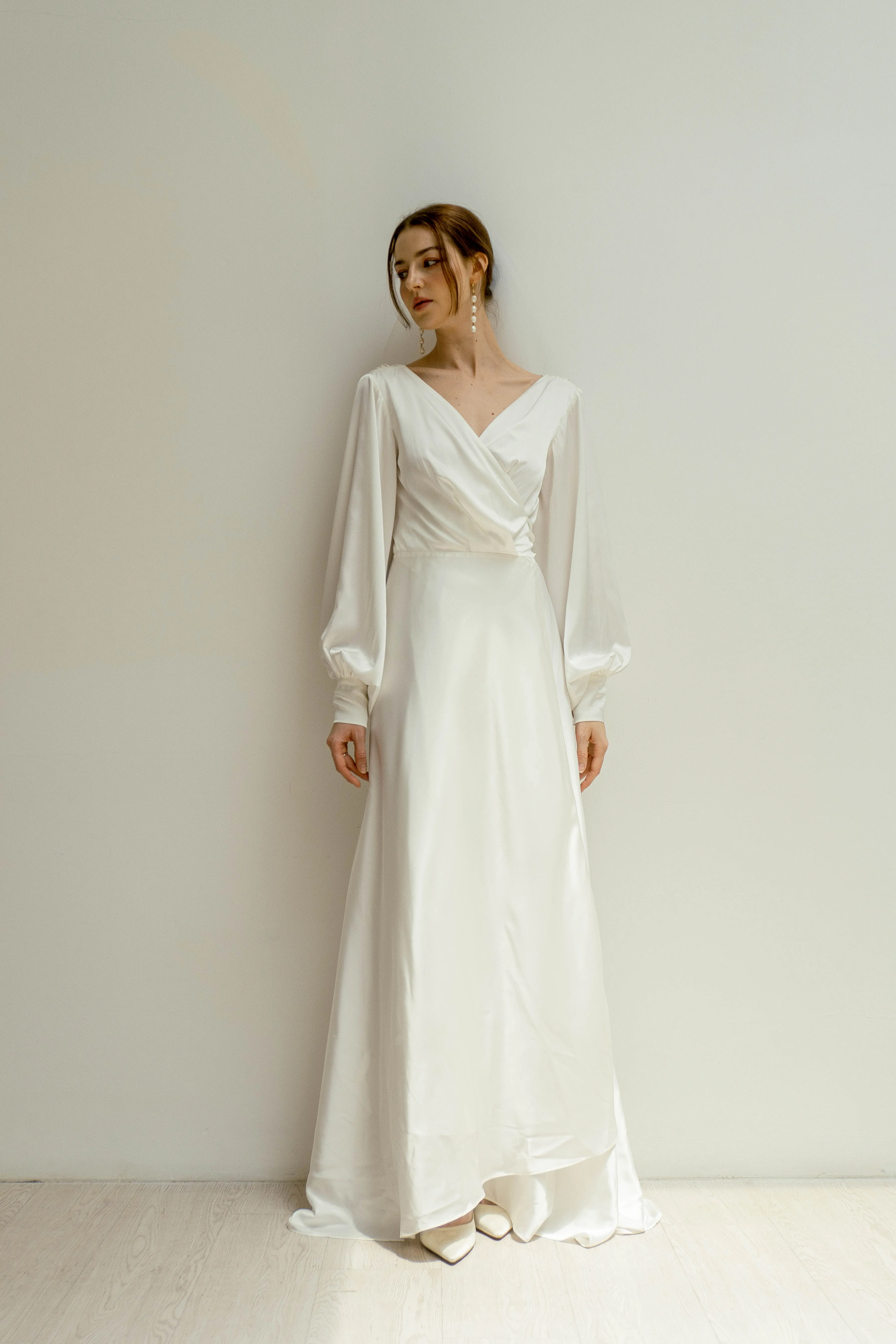 Cameron Balloon Sleeves Wrap Dress With Train