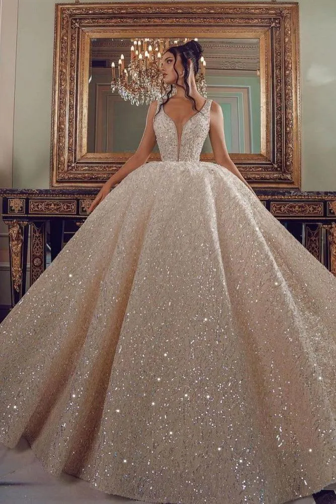 Cathedral wedding dress V Neck Aline Sequined Bridal Gowns Sleevelss