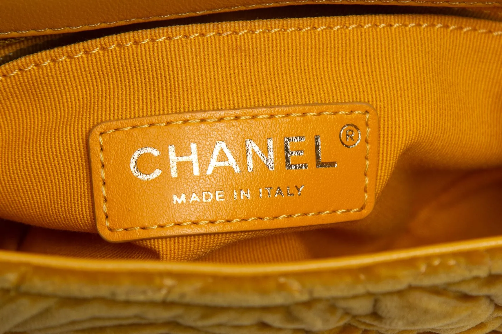 Chanel 2021 Yellow Velvet Camellia Mini Flap Handbag