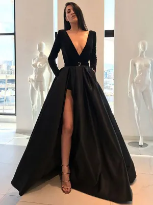 Charming Evening Dress A Line V Neck Floor Length Long Sleeves Zipper Satin Fabric Social Party Dresses