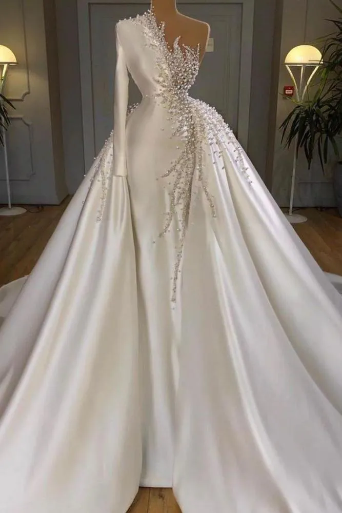 Charming One Shoulder Satin Mermaid Bridal Gowns Pearls Beading Party Gowns