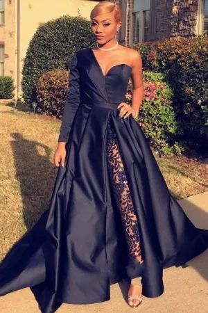 Chic Asymmetric One Shoulder Satin Floor Length Party Dress With Lace Trousers