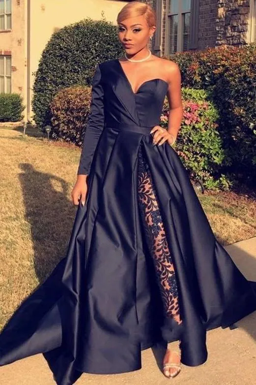 Chic Asymmetric One Shoulder Satin Floor Length Party Dress With Lace Trousers