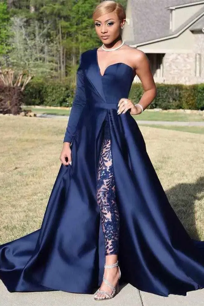 Chic Asymmetric One Shoulder Satin Floor Length Party Dress With Lace Trousers