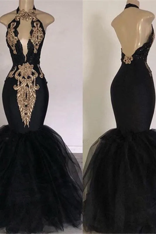 Chic Backless Prom Dresses with Gold Appliques Mermaid Halter Evening Gowns with Keyhole