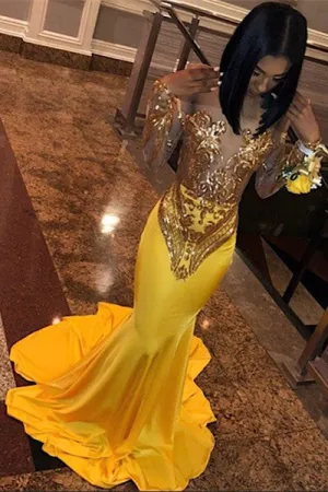 Chic Bandeau Applique Satin Off Shoulder Long Sleeves Mermaid Slim Prom Party Gown