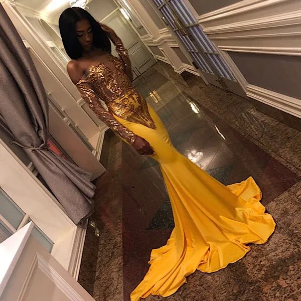 Chic Bandeau Applique Satin Off Shoulder Long Sleeves Mermaid Slim Prom Party Gown