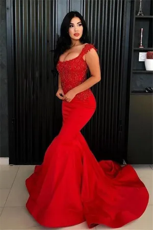 Chic Mermaid Straps Prom Party Gowns| New Arrival Long Lace Appliques Evening Gowns