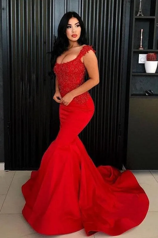 Chic Mermaid Straps Prom Party Gowns| New Arrival Long Lace Appliques Evening Gowns