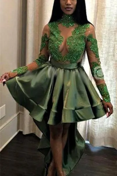 Chic See Through Lace Long Sleeves Prom Party Gowns| Hi-lo Dark Green Evening Dress
