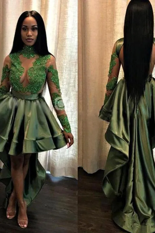 Chic See Through Lace Long Sleeves Prom Party Gowns| Hi-lo Dark Green Evening Dress