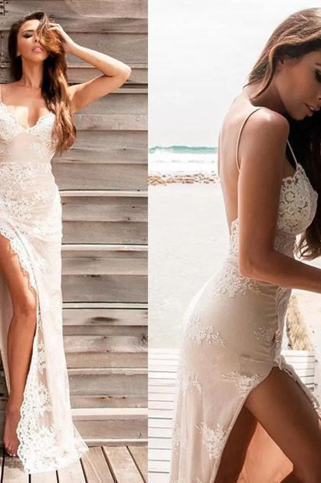 Chic Spaghetti Straps Split Evening Dresses Lace Sheath Summer Party Dress for Beach