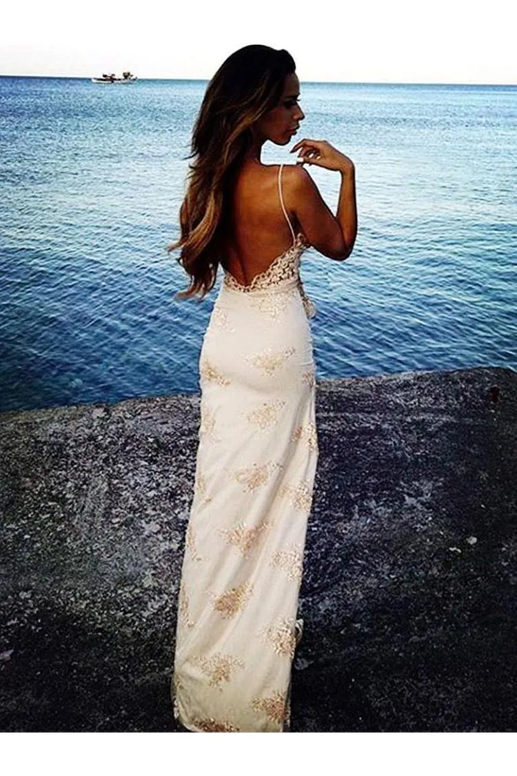 Chic Spaghetti Straps Split Evening Dresses Lace Sheath Summer Party Dress for Beach