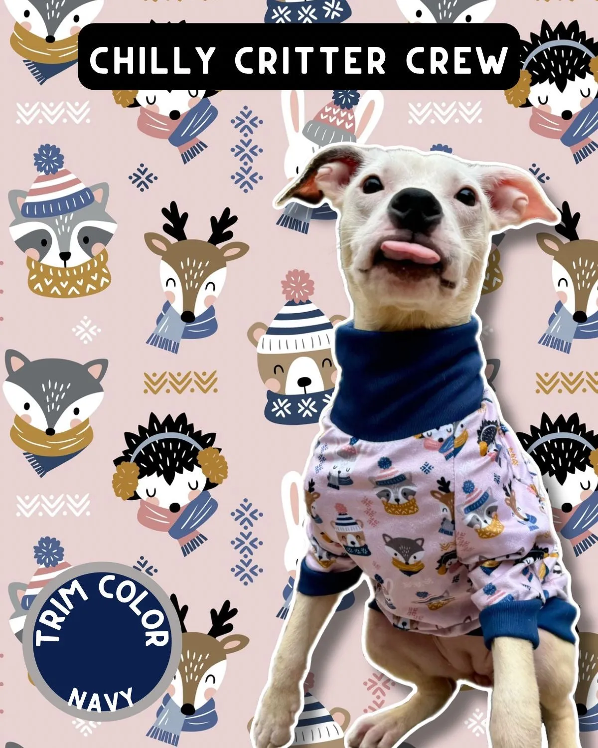 Chilly Critter Crew - Dog Pajama with Navy Neck & Trim/Sleeves
