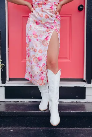 Chéri Ruched Satin Floral Midi Skirt
