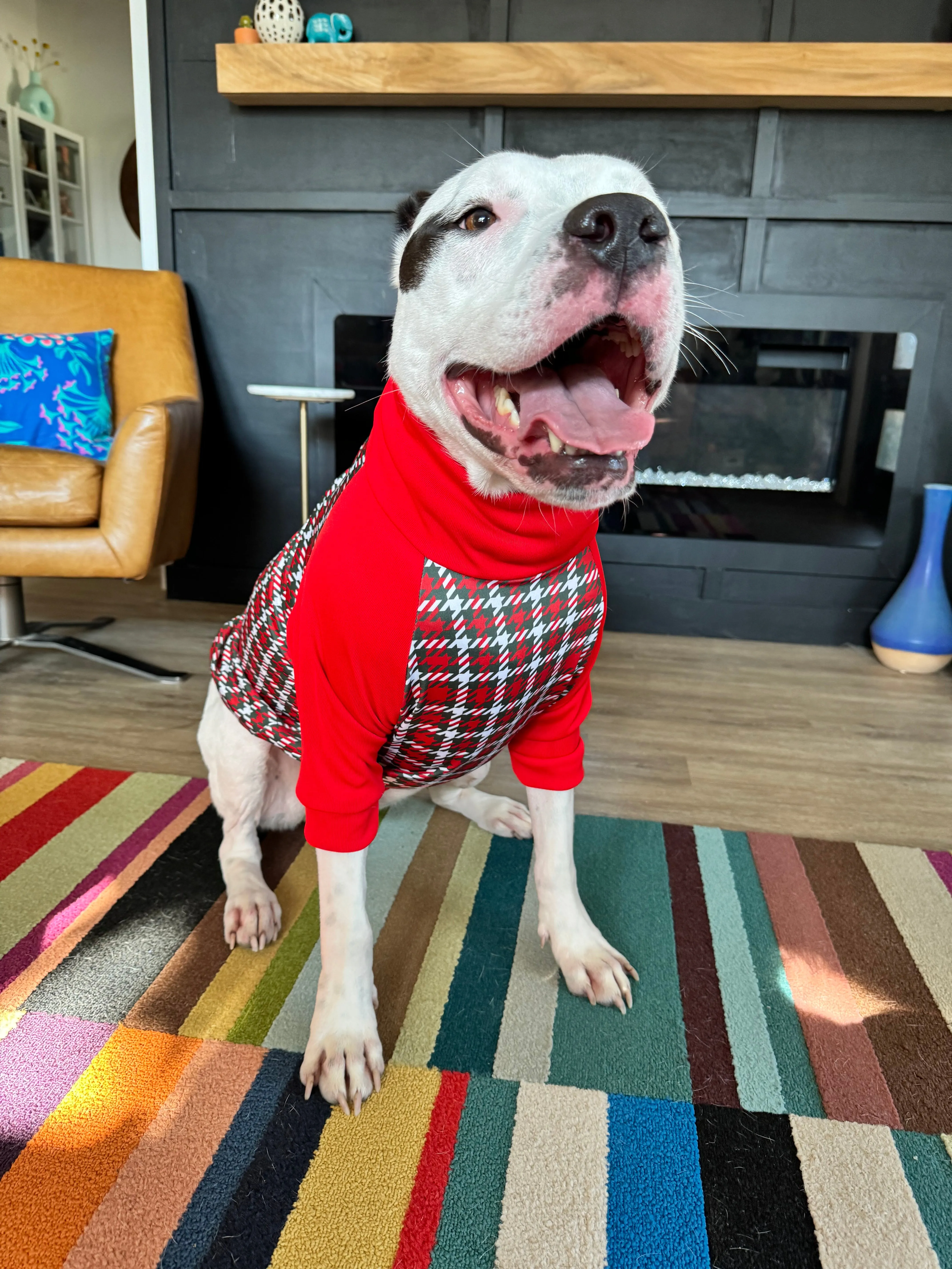 Christmas Houndstooth Dog Pajama with Red Neck & Trim/Sleeves