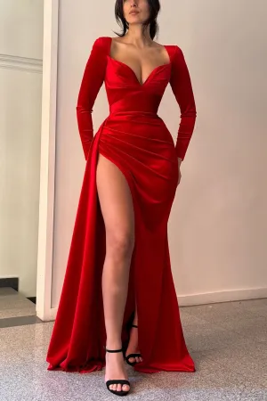 Classic Long-sleeve  A-line Split Red V-neck Prom Dress