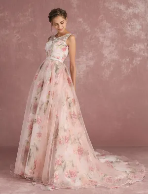 Classic Pink Evening Dresses  Long Floral Print Organza Pageant Dress Backless Chapel Train Party Dress