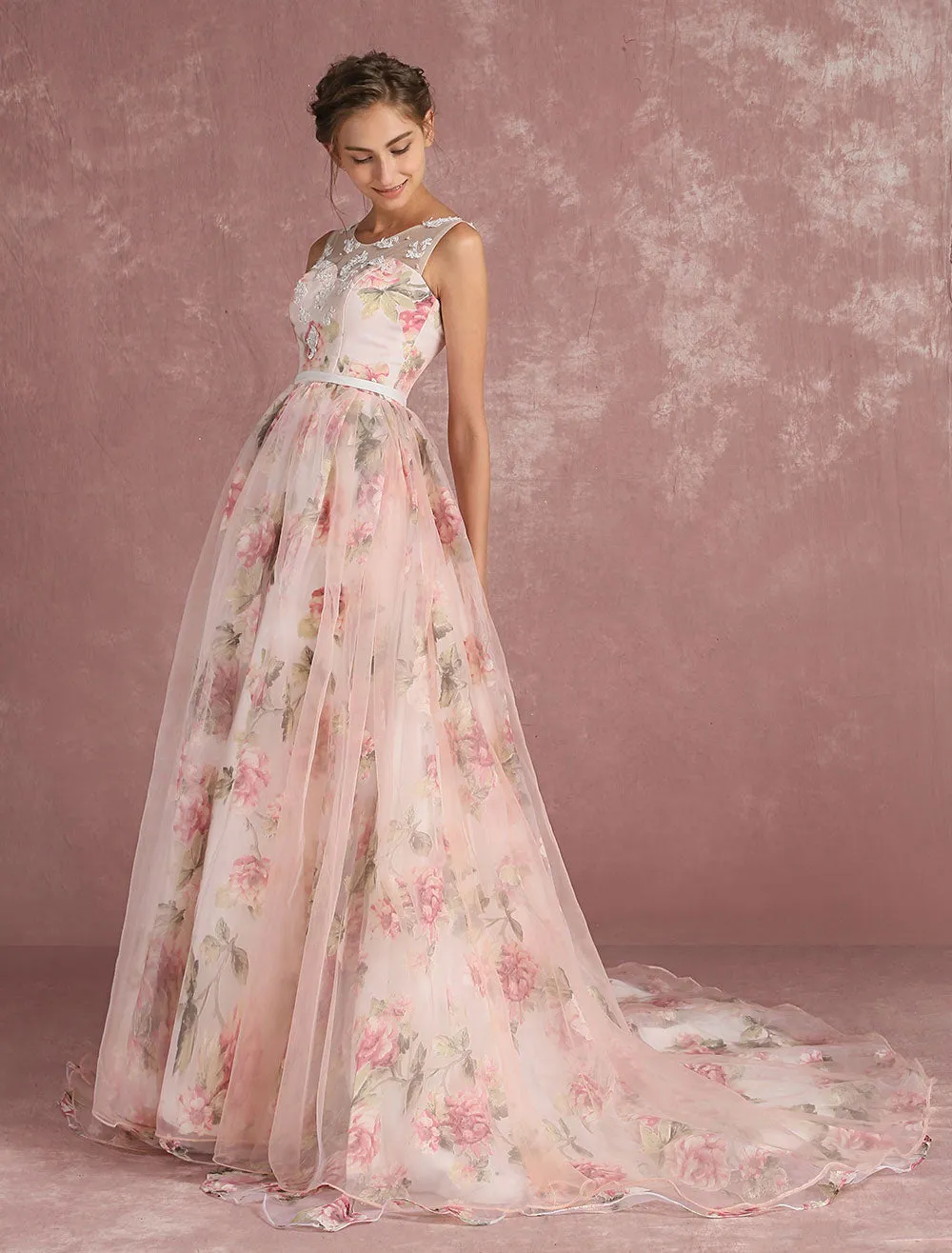 Classic Pink Evening Dresses  Long Floral Print Organza Pageant Dress Backless Chapel Train Party Dress
