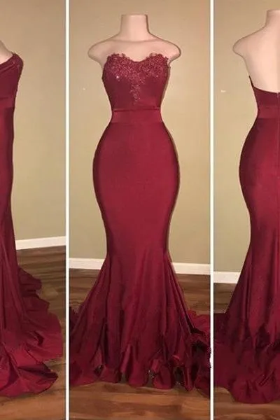 Classic Strapless Appliques Sweep Train Mermaid Prom Dresses