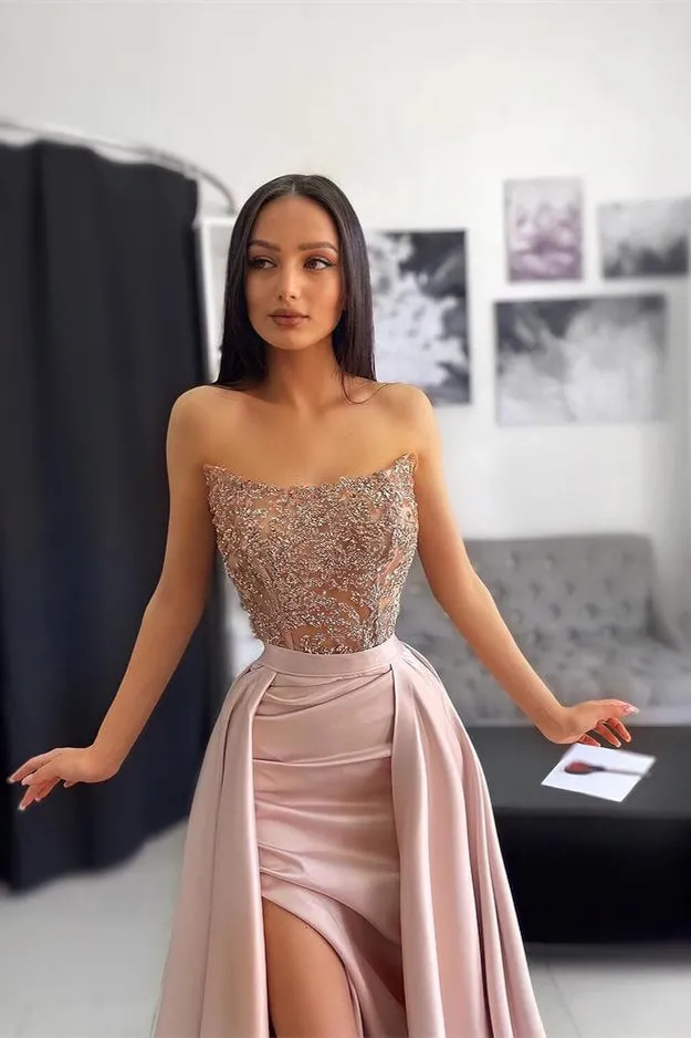Classy Strapless Dusty Pink Prom Dress Mermaid Slit With Lace Appliques