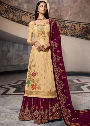 Cream And Maroon Designer Sharara Suit