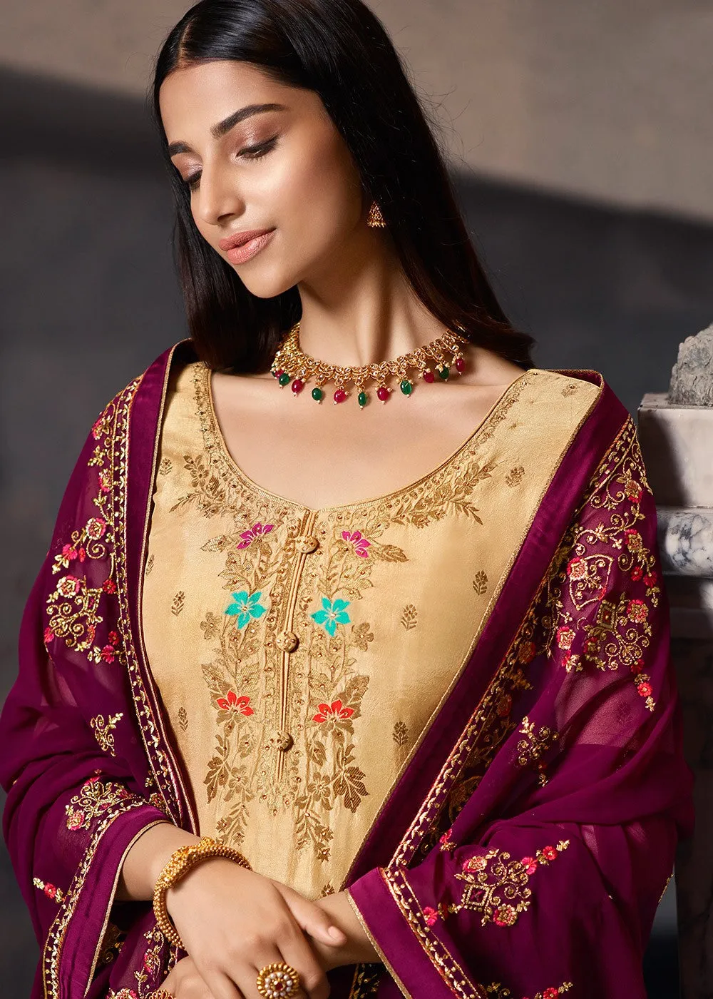 Cream And Maroon Designer Sharara Suit