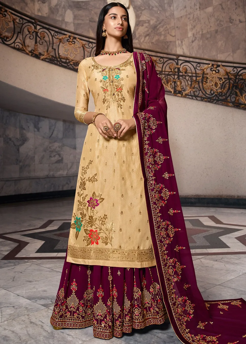 Cream And Maroon Designer Sharara Suit