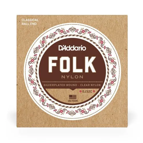 D'Addario EJ32C Folk Nylon Guitar Strings Ball End Silver Wound/Clear Nylon