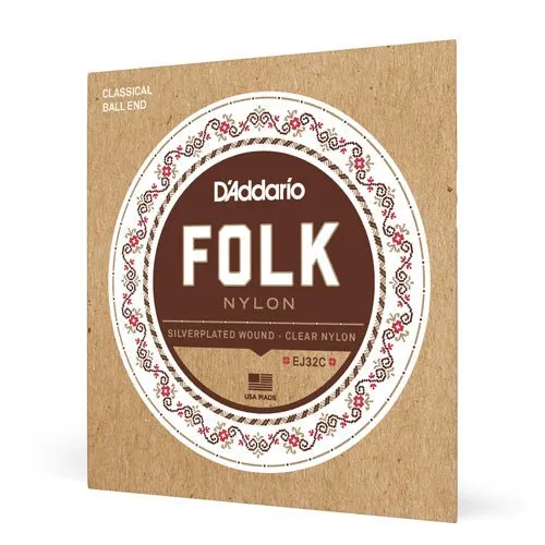 D'Addario EJ32C Folk Nylon Guitar Strings Ball End Silver Wound/Clear Nylon