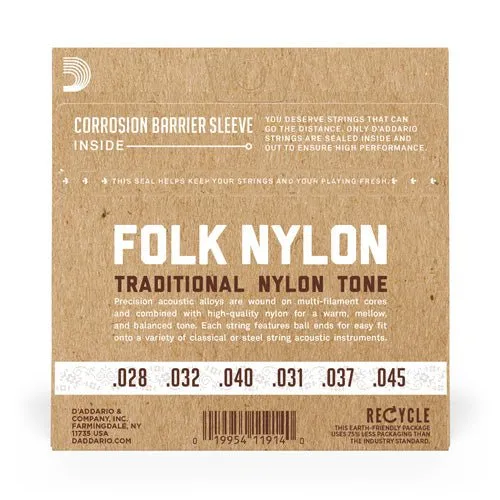 D'Addario EJ32C Folk Nylon Guitar Strings Ball End Silver Wound/Clear Nylon