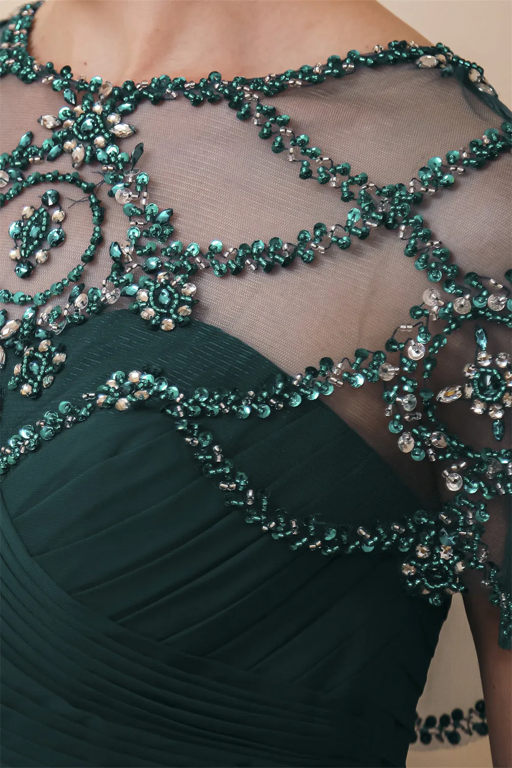 Dark green Chiffon Sparkle Beaded Evening Dress with Cape