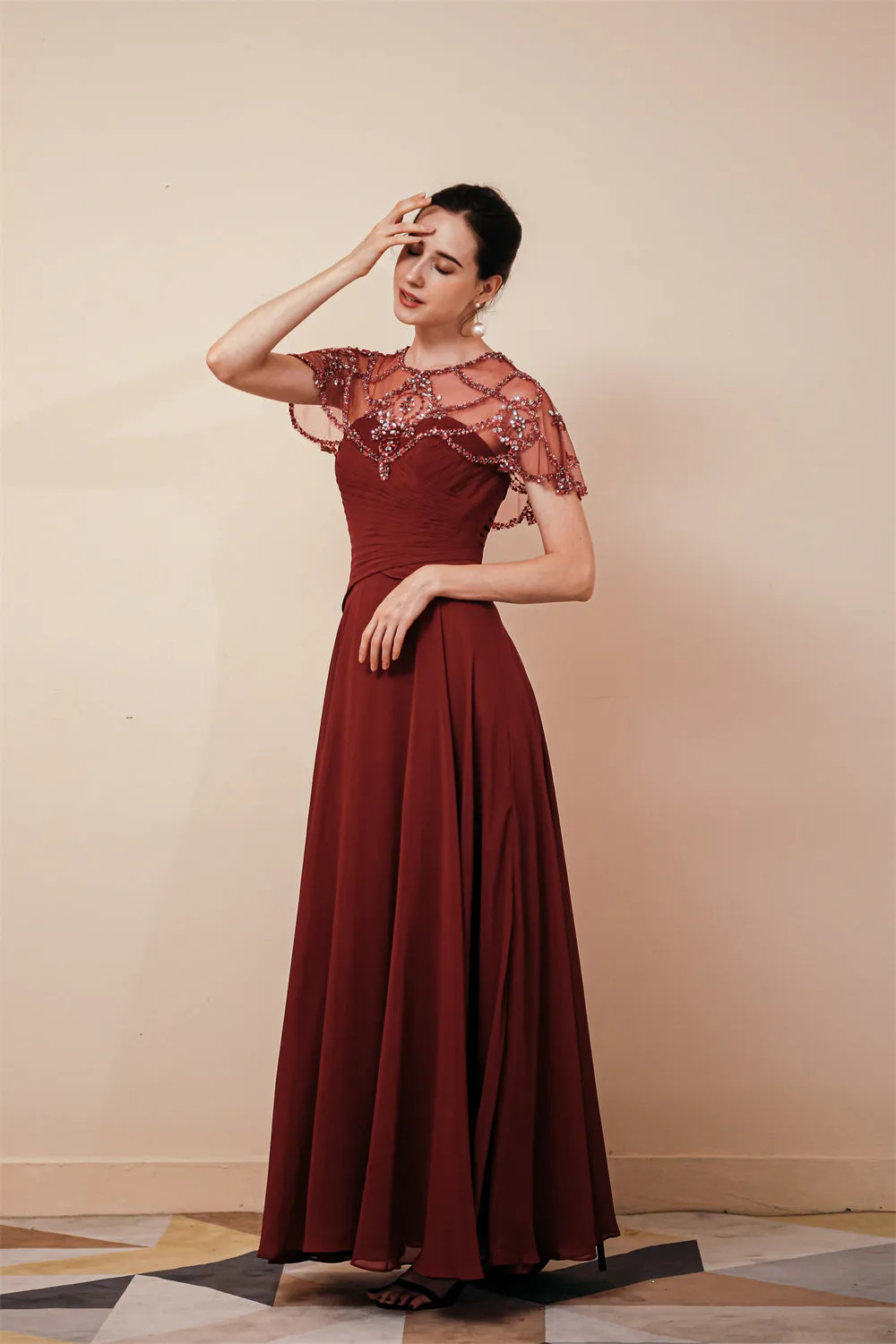 Dark green Chiffon Sparkle Beaded Evening Dress with Cape