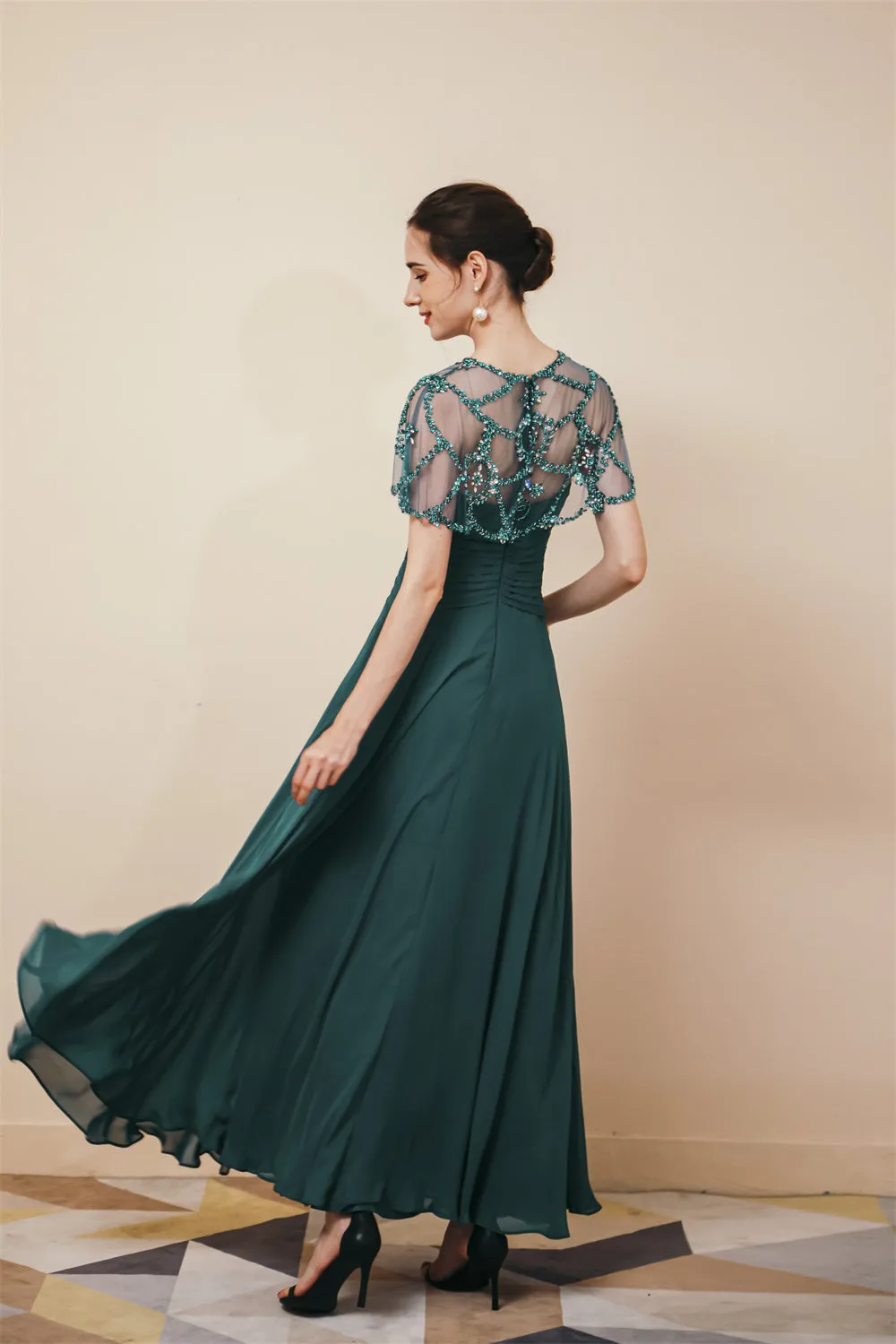 Dark green Chiffon Sparkle Beaded Evening Dress with Cape