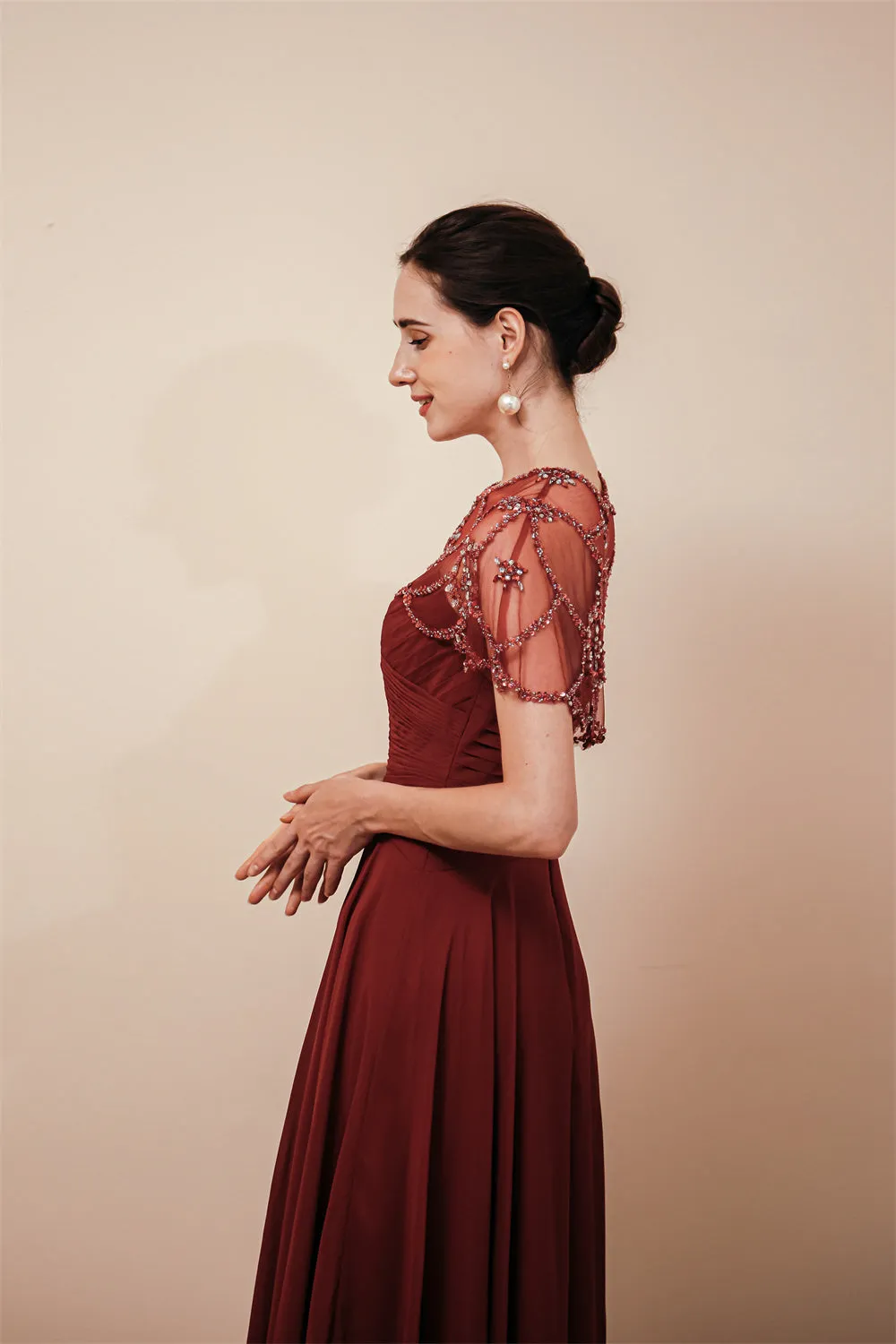Dark green Chiffon Sparkle Beaded Evening Dress with Cape