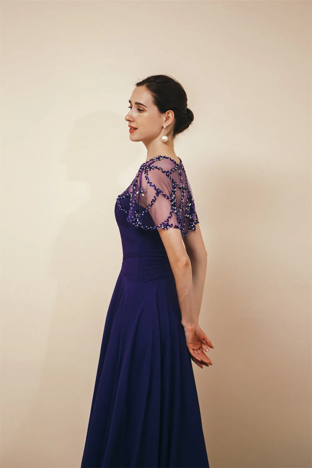 Dark green Chiffon Sparkle Beaded Evening Dress with Cape