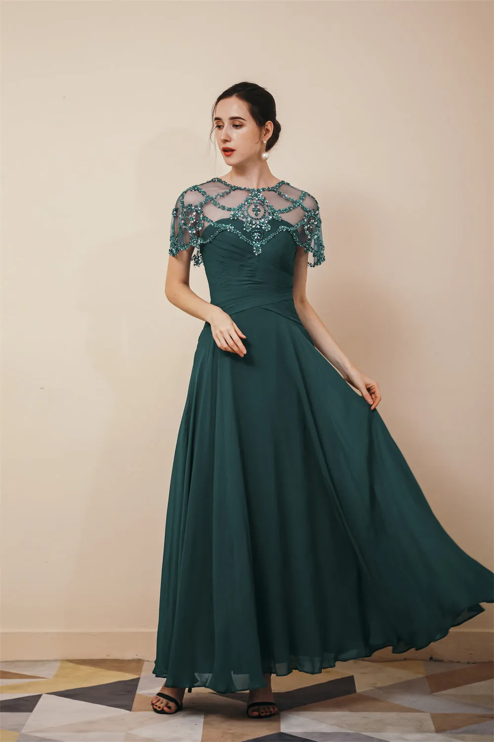 Dark green Chiffon Sparkle Beaded Evening Dress with Cape