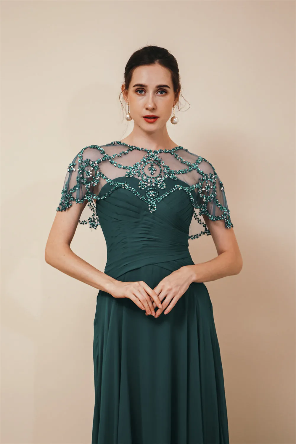 Dark green Chiffon Sparkle Beaded Evening Dress with Cape