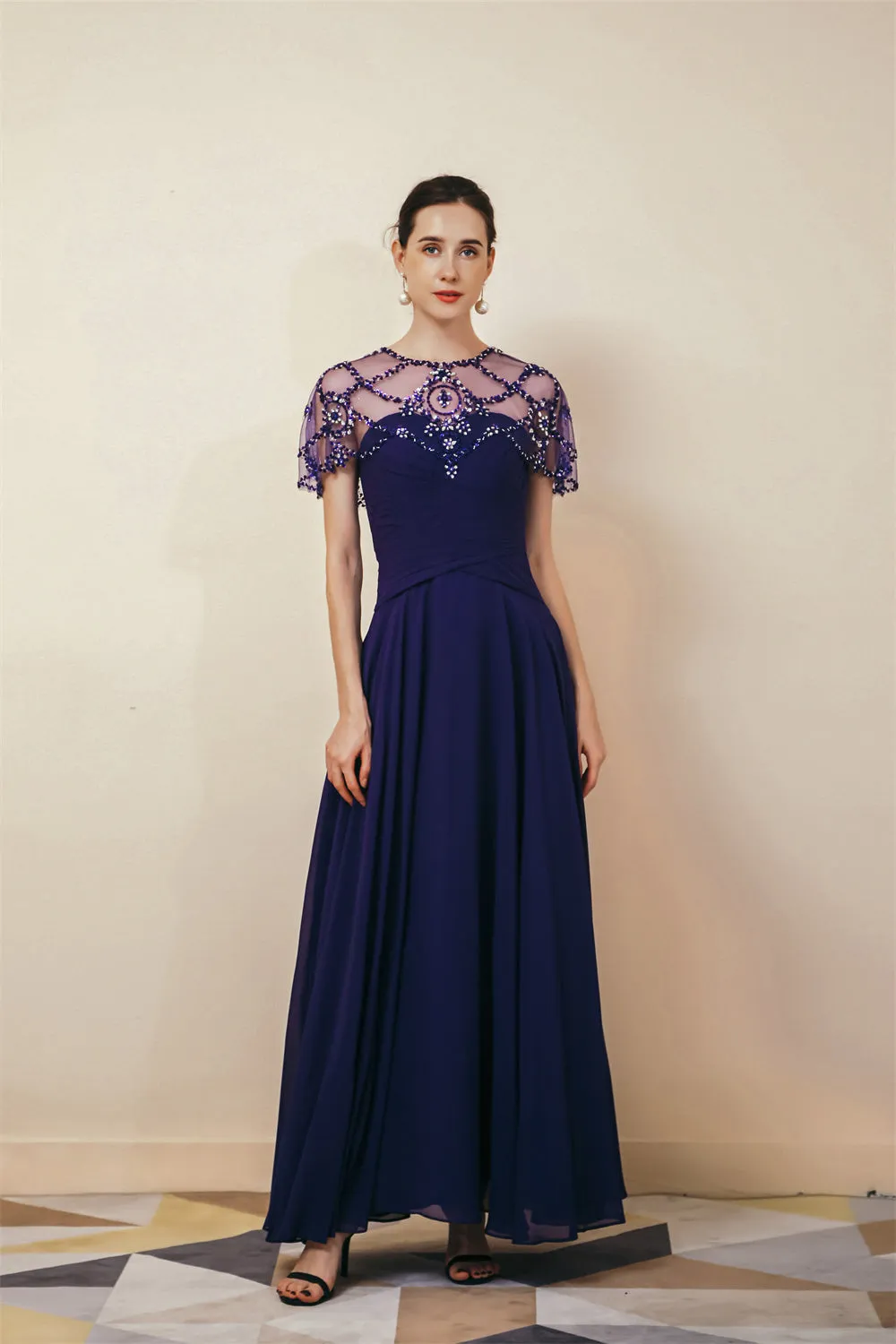 Dark green Chiffon Sparkle Beaded Evening Dress with Cape