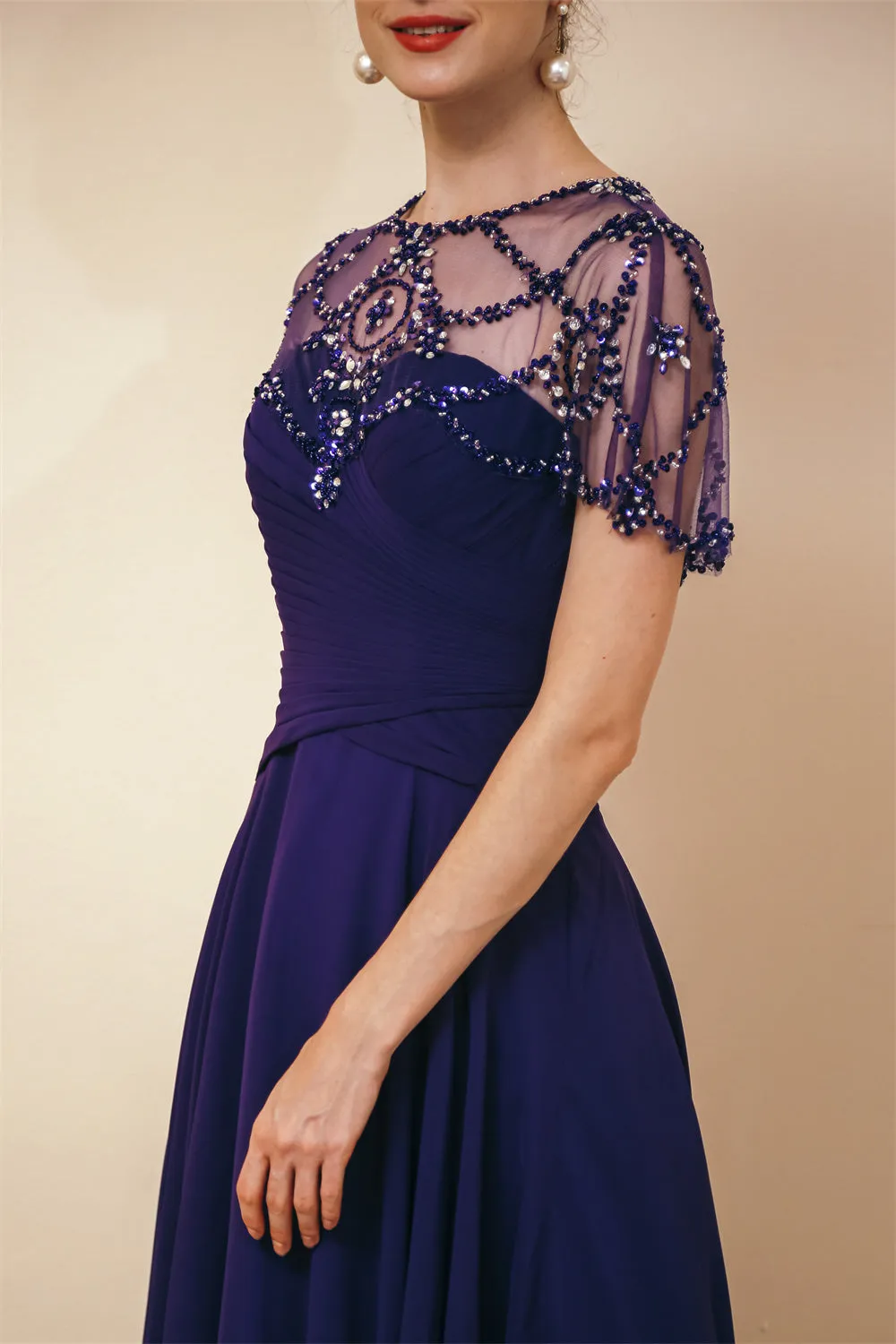 Dark green Chiffon Sparkle Beaded Evening Dress with Cape