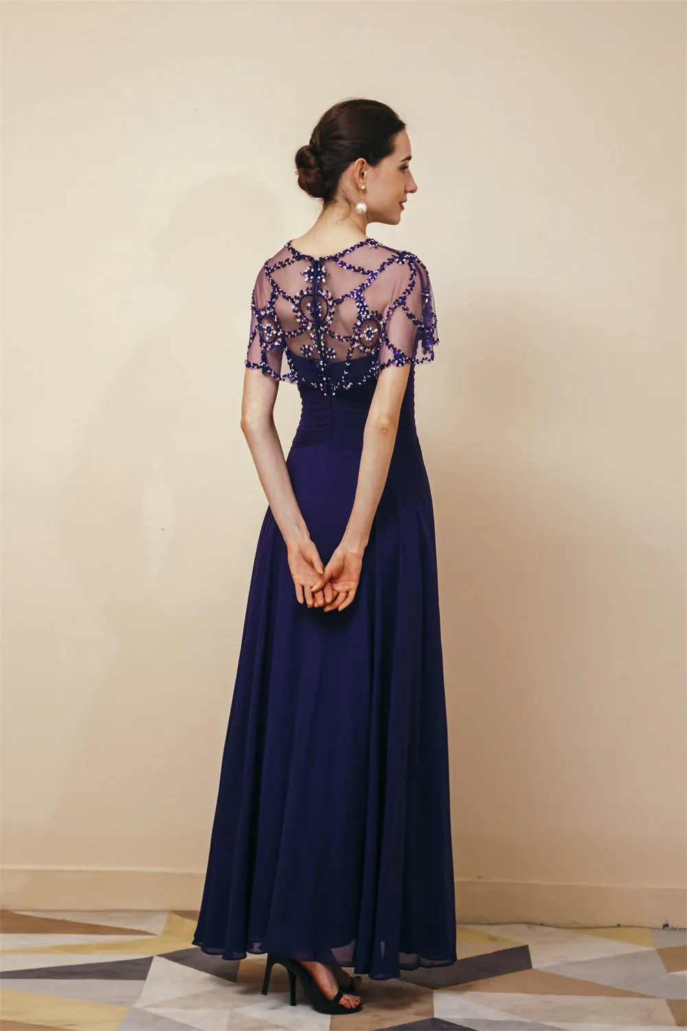 Dark green Chiffon Sparkle Beaded Evening Dress with Cape