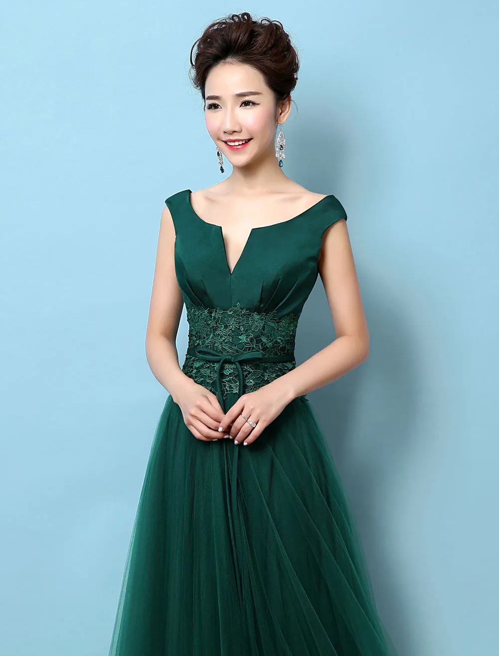 Dark Green Notched Neckline Tulle Evening Dress Backless Mother's Dress
