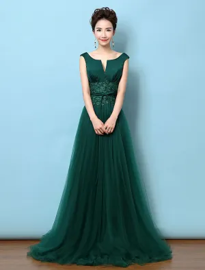 Dark Green Notched Neckline Tulle Evening Dress Backless Mother's Dress