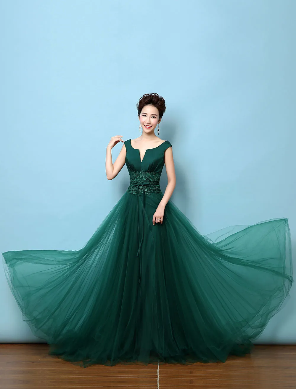 Dark Green Notched Neckline Tulle Evening Dress Backless Mother's Dress