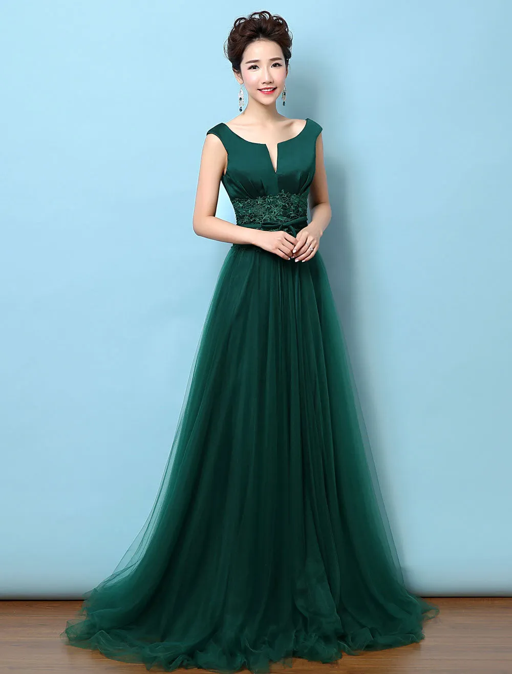Dark Green Notched Neckline Tulle Evening Dress Backless Mother's Dress